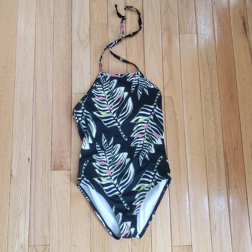 Gymboree Girls Bathing Suit One Piece Black Tropical Leaf Print Halter M 7-8